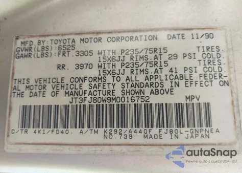 1991 Toyota Land Cruiser Fj80 from USA, damaged, VIN JT3FJ80W9M0016752